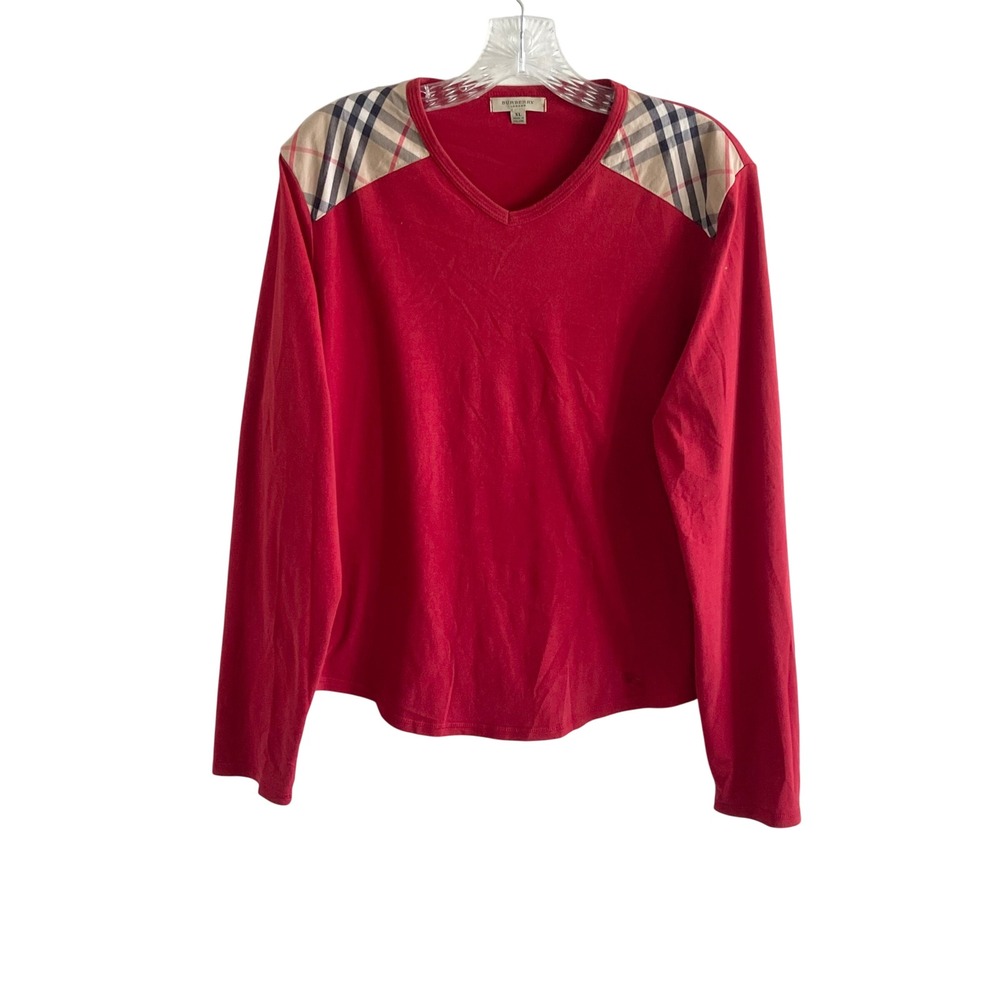 Burberry London Red Nova Check Shoulder V-Neck Long Sleeve Top XL